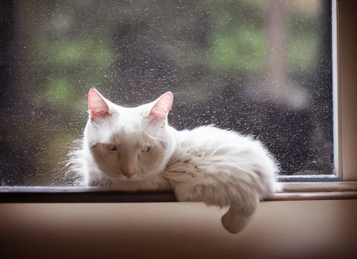 Image similar to photography of a Cat . watching outside the window while it rains. on a bed. in a room full of vinyls and posters, photorealistic, raining award winning photo, 100mm, sharp, high res