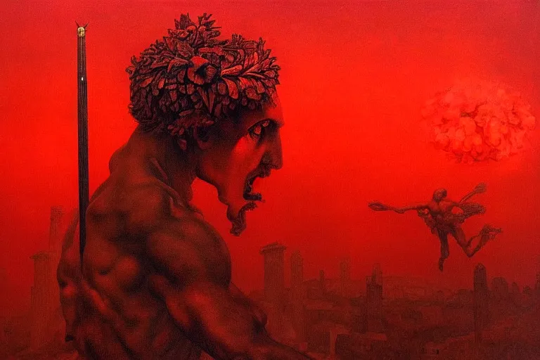 Prompt: only with red, a red melted apollo with a laurel wreath and a flaming sword announce the win, athens in the background, in the style of beksinski, part by hopper, part by rodcenko, part by hofbauer, intricate composition, red by caravaggio, insanely quality, highly detailed, masterpiece, red light, artstation