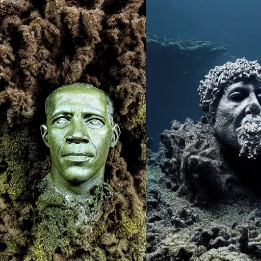 Prompt: Award-winning photograph by Mar Mann. The photo depicts a decaying roman bust of Barak Obama overgrown with moss at the bottom of the sea in the middle of ruins of civilization. Minimalism, high definition, perfect composition. Deep sea picture. Very dark. Volumetric Lighting. Fish. Darkness. Ruins