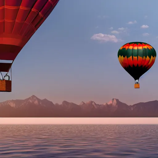 Prompt: realistic extremely detailed photo of a hot air balloon with a picture of two black swans swimming, touching heads, forming a heart with their necks flying above a reflective mountain lake, granular detail, holographic krypton ion, octane render, 4k, f32,55mm photography, wide angle