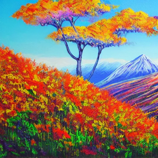 Image similar to paint acrylic a mountain with a three and a flowers field in autumn