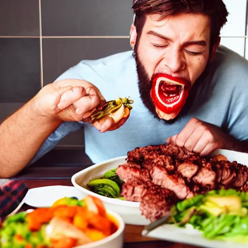 Prompt: man being eaten by his dinner