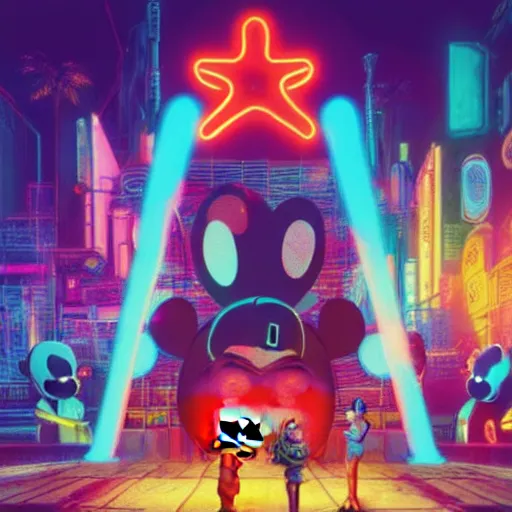 Image similar to a group of people standing around a giant one - eyed mickey mouse, cyberpunk art by david lachapelle, cgsociety, dystopian art by industrial light and magic, netflix neon logo concept art, neons, interior