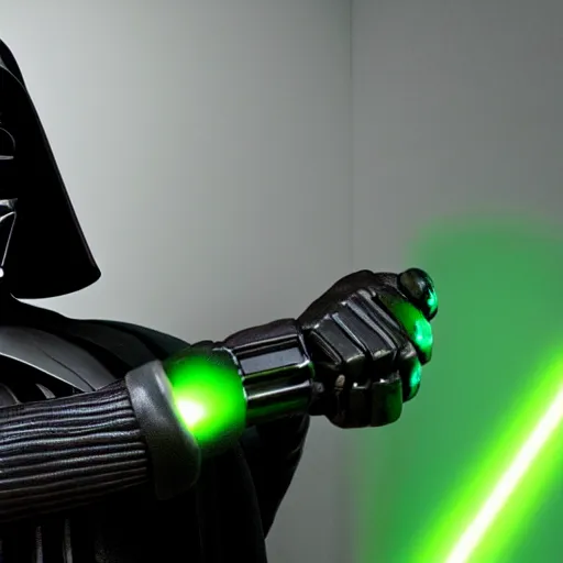 Prompt: A studio image of Darth Vader holding a green lightsaber, ray tracing, black background, 4k, hyper detailed, studio lighting, movie set,