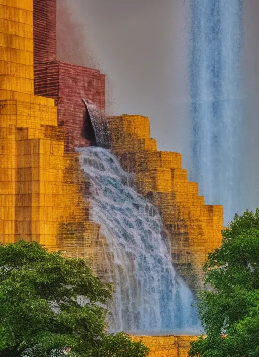 Prompt: colored photo, the tower of babylon, waterfall, brutalist, long exposure