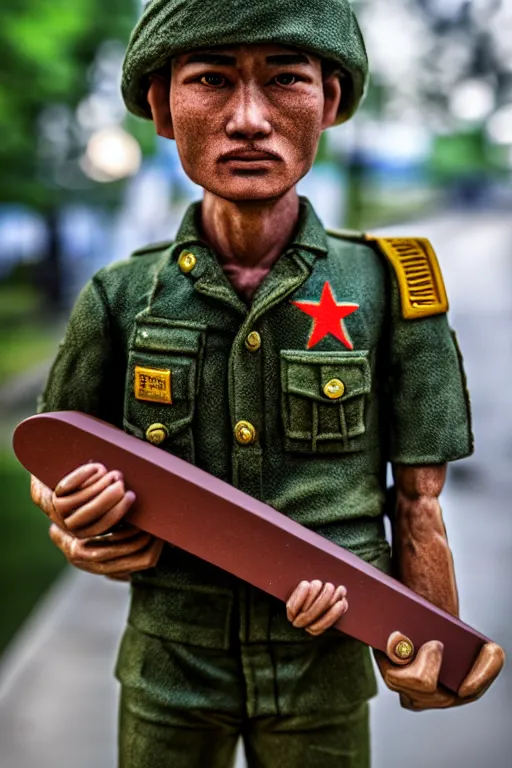 Image similar to realistic vietnam soldier with skateboard, pulitzer award, captured by nikon d 8 5 0, 4 k, body features, face features, bokeh, proportional, details, object features, by daniel berehulak and adnan abidi and preston gannaway