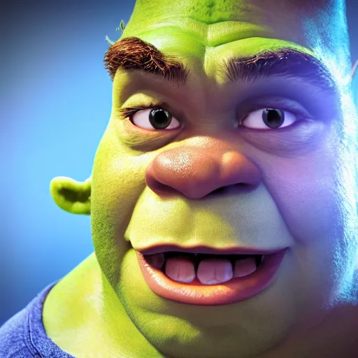 Image similar to crisp quality and light reflections, photorealistic portrait, studio lighting, still photo of shrek, bright studio setting, highly detailed, unreal engine 5 quality render