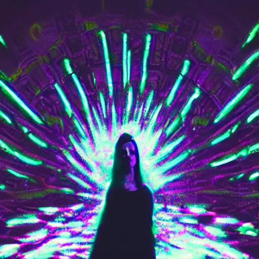 Prompt: neon glow viewpoint of the pale dead princess, cracks of blinding lights on the skin, vortex background shading, self portrait pic by 35mm