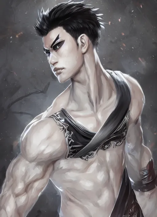 Image similar to a highly detailed illustration of fierce short white haired parted through the middle young attractive asian man, wearing hakama, with black sclera eyes, heroically battle posing, muscular, intricate, elegant, highly detailed, centered, digital painting, artstation, concept art, smooth, sharp focus, league of legends concept art, WLOP