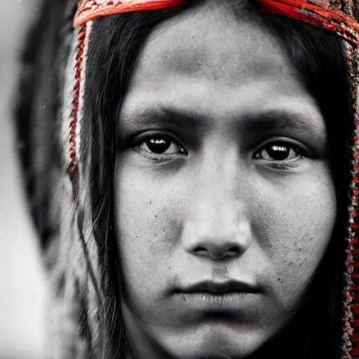 Image similar to award winning photo of a young native american woman in the style of martin schoeller