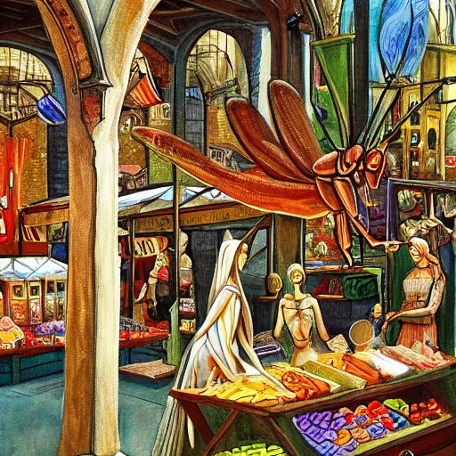 Image similar to Painting of human-sized Mantis religiosa shopping on a medival city market; fantasy; D&D; magic