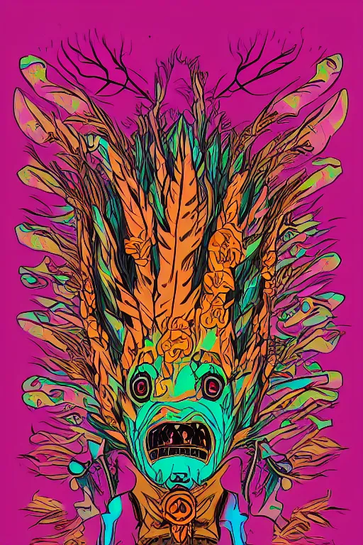 Prompt: animal mask totem roots flower tribal feather gemstone plant wood rock shaman vodoo video game vector cutout illustration vivid multicolor borderlands comics by josan gonzales and dan mumford radiating a glowing aura