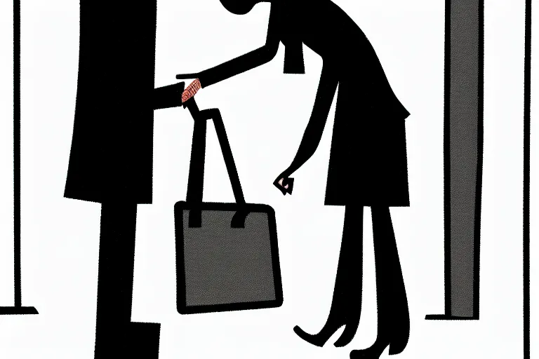 Image similar to tall, security guard checks the bags of a worried looking woman, art, satire