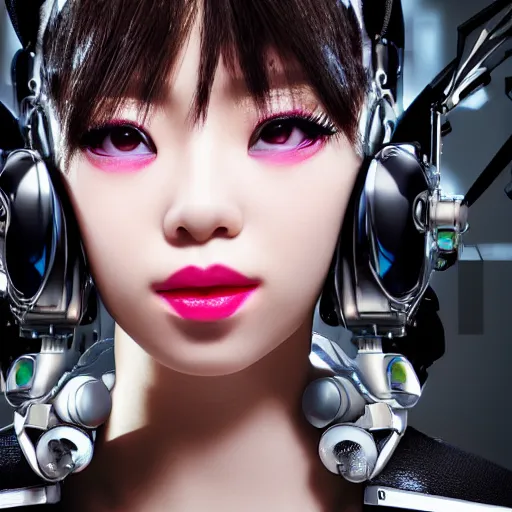 Image similar to photorealistic concept portrait of cute cyber punk geisha girl from Japan. she is wearing heavy complicated future headsets. award winning, taken by canon 5d mk4, art lens, perfect lighting, sci-fi, at 2200, vogue magazine, fashion week super model