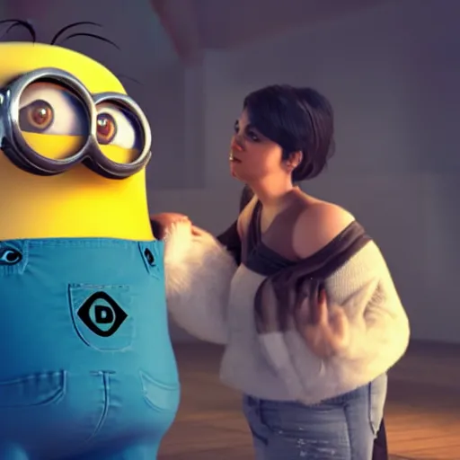 Image similar to big curvy woman kissing minion, super realistic, super detailed, high octane, photorealistic, rendering 8 k, 8 k octane, unreal engine,