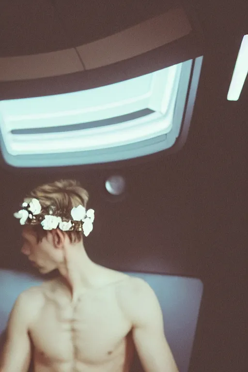Prompt: agfa vista 4 0 0 photograph of a skinny guy on a spaceship, futuristic, synth vibe, lens flare, flower crown, back view, moody lighting, moody vibe, telephoto, 9 0 s vibe, blurry background, tranquil, calm, faded!,
