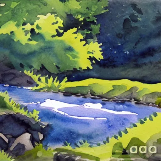 Prompt: A piece of peace by a river creek, watercolor, detailed