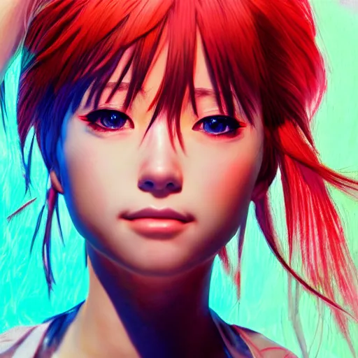 Image similar to Photorealistic Asuka Soryu. Hyperdetailed photorealism, 108 megapixels, amazing depth, glowing rich colors, powerful imagery, psychedelic Overtones, 3D finalrender, 3d shading, cinematic lighting, artstation concept art