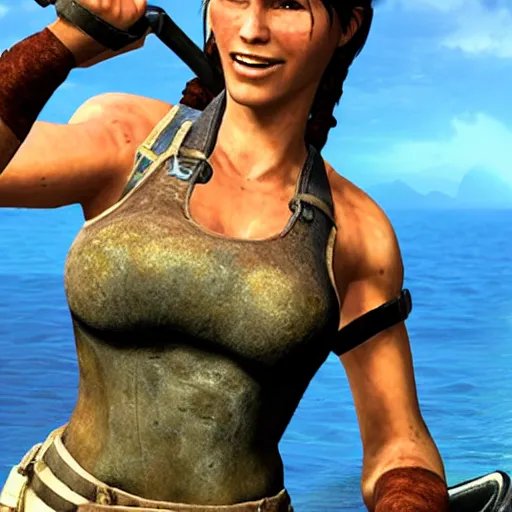 Prompt: lara croft fishes and she laughs because she got shoes