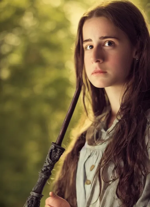 Image similar to portrait of emily compagno as hermione in the movie harry potter holding a wizard wand, by charlotte grimm, natural light, detailed face, canon eos c 3 0 0, ƒ 1. 8, 3 5 mm, 8 k, medium - format print, half body shot