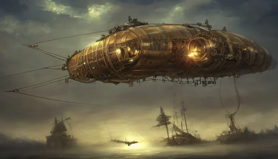 Image similar to a concept art of a steampunk airship exiting it's hanger to sail away in the morning sky, concept art, trending on artstation, steampunk, volumetric lightning