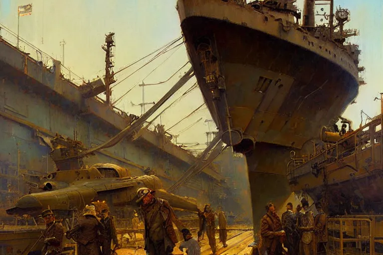 Image similar to us soldier in shipyard dieselpunk painting by gaston bussiere, craig mullins, j. c. leyendecker