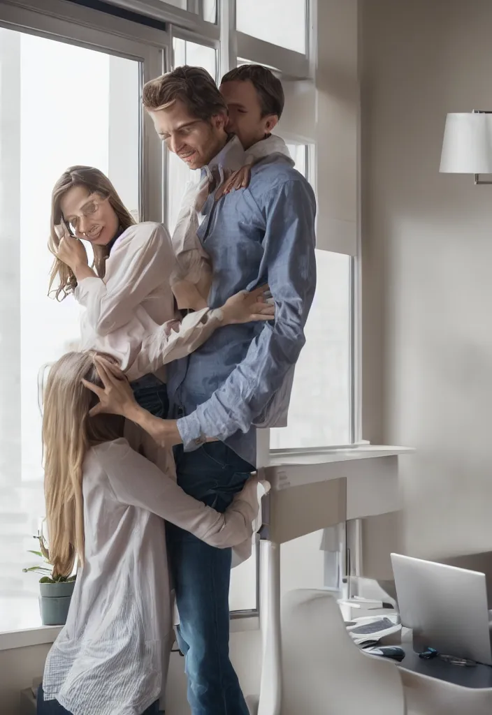 Prompt: wife hugging her husband that is working at his futuritic desk looking at the window with a futuristic city, highly detailed