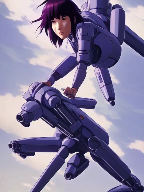 Image similar to a fullbody action still of motoko kusanagi riding on top of a tachikoma, the major ghost in the shell : : stand alone complex, under repairs, maintenance : : by ilya kuvshinov, rossdraws, artgerm, sola digital arts, anti aliasing, raytracing : :