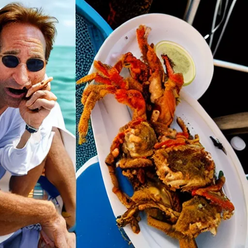 Image similar to photo of david duchovny eating soft shell crab on a yacht in the bahamas at sunset