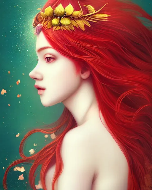 Image similar to the goddess of summer, with lotus on her head, red hair, half - length head portrait, dreamy, beautiful, by wlop