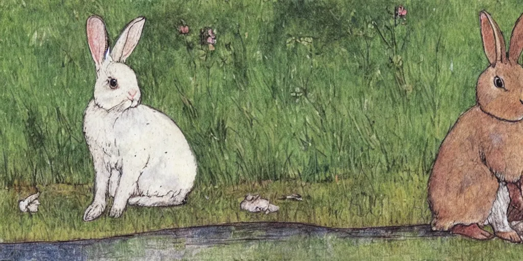 Image similar to a rabbit sitting by a pond, in the style of carl larsson