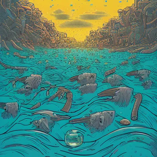 Image similar to sea full of crap been eaten from a big head, by josan gonzales and Dan Mumford