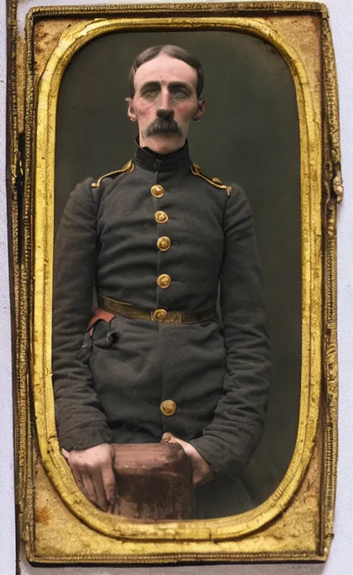 Prompt: 1881, autochrome portrait of a tired soldier