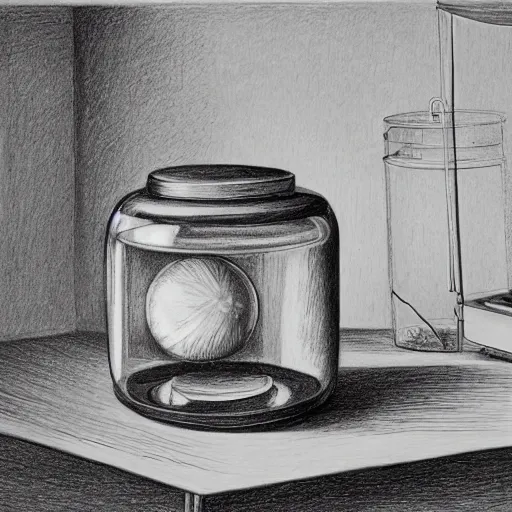 Prompt: planet earth inside an apothecary jar on a desk, pencil drawing, detailed