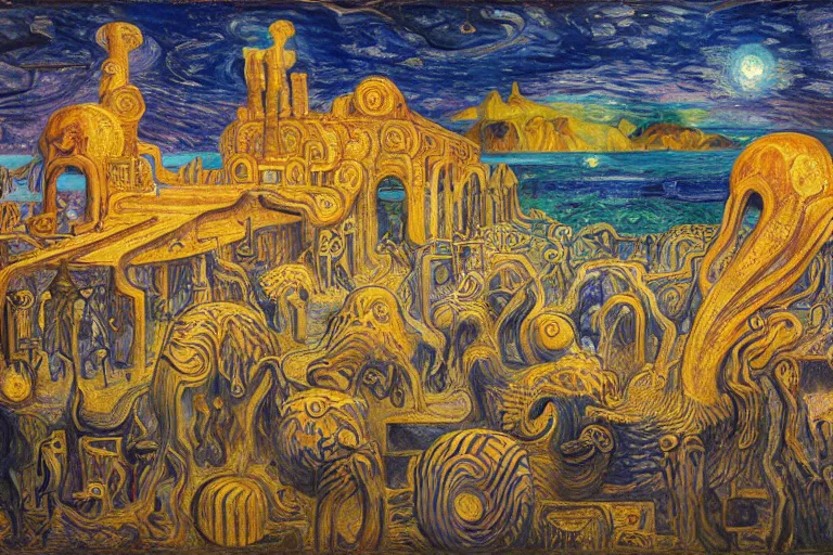 Image similar to lovecraftian antikythera city, ancient babylonian, sumerian dream festival, japanese lantern festival, oil painting by edvard munch, mc escher, stanislaw beksinski, makoto shinkai, jim woodring, aldemir martins, nicholas roerich, van gogh