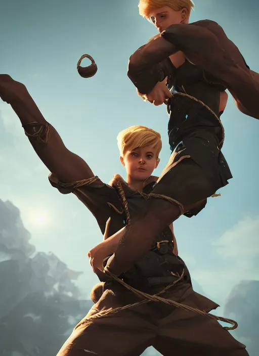 Prompt: An epic fantasy comic book style portrait painting of a young blonde boy thief launching grappling rope from a device worn on his wrist, unreal 5, DAZ, hyperrealistic, octane render, cosplay, RPG portrait, dynamic lighting