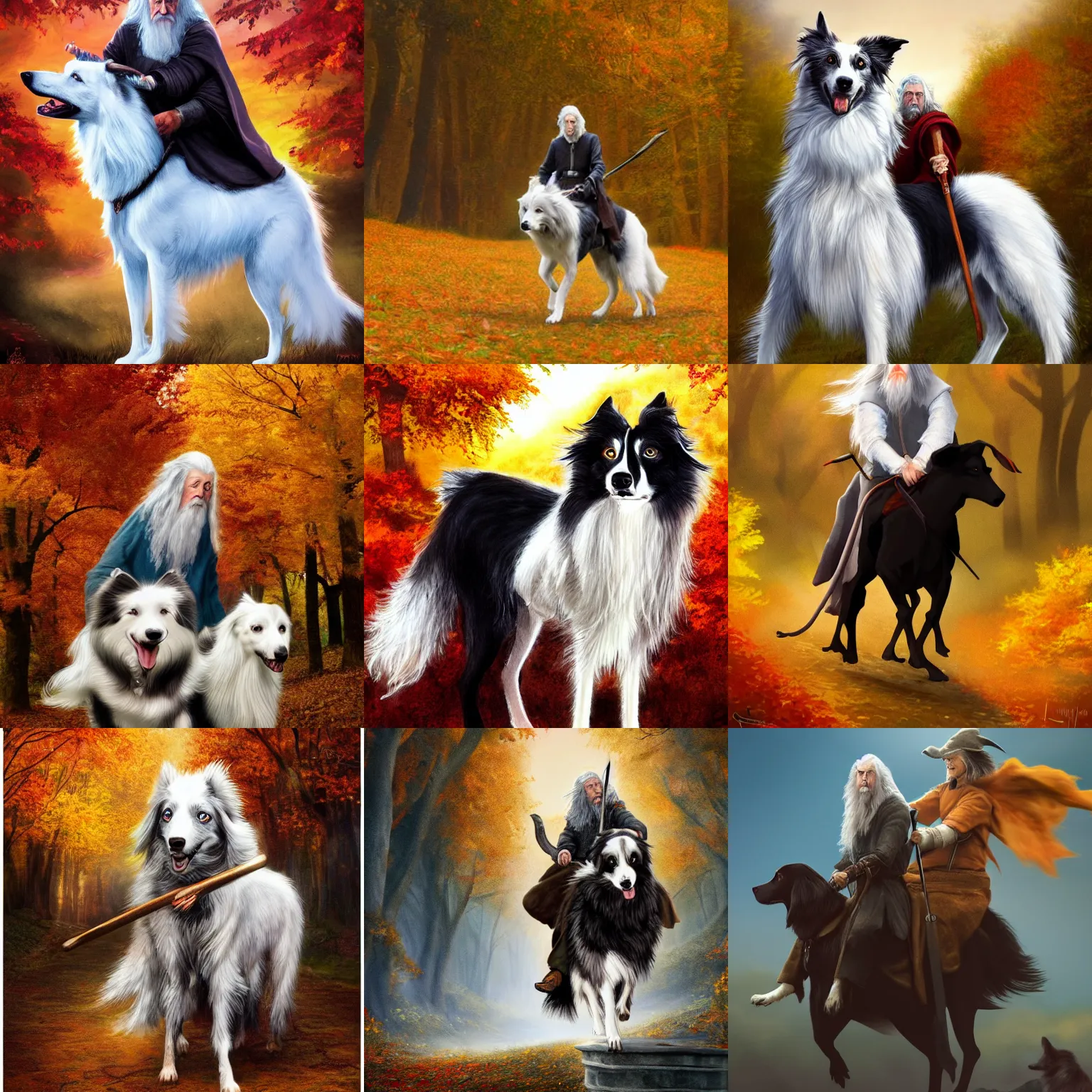 Prompt: gandalf riding a border collie, movie poster, autumn colors, artstation