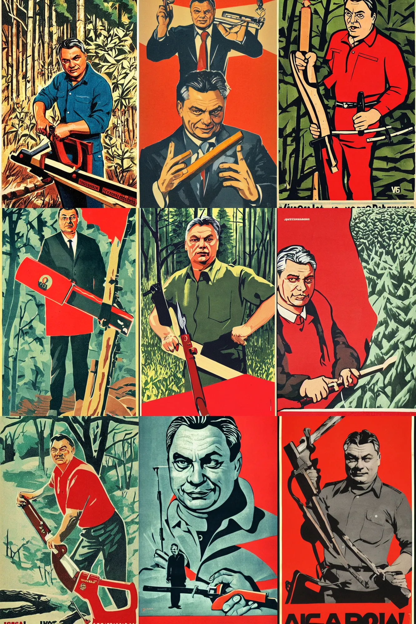 Prompt: soviet propaganda poster of viktor orban with a saw, forest in background