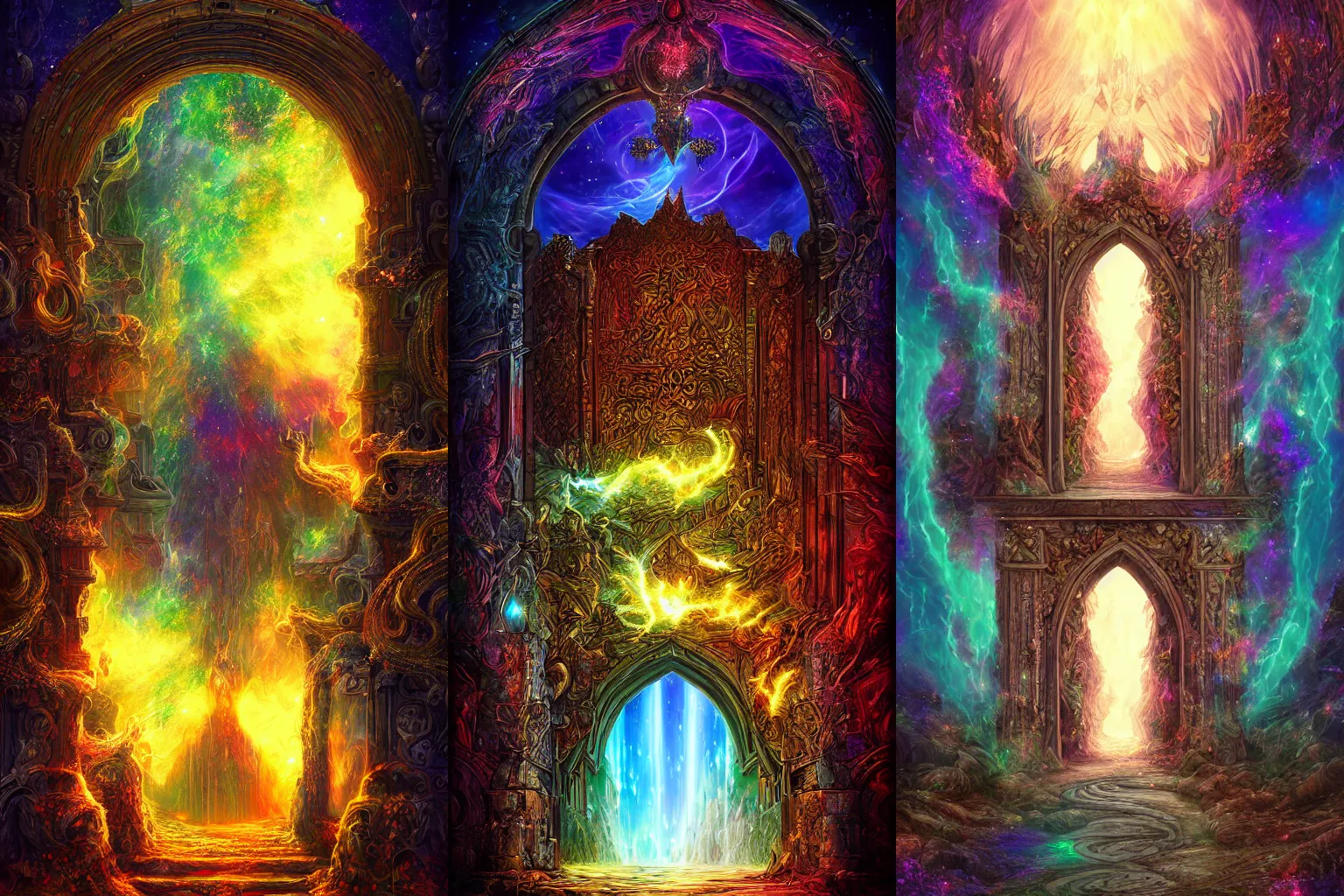 Prompt: The gate to the eternal kingdom of iridescence, fantasy, digital art, HD, detailed.