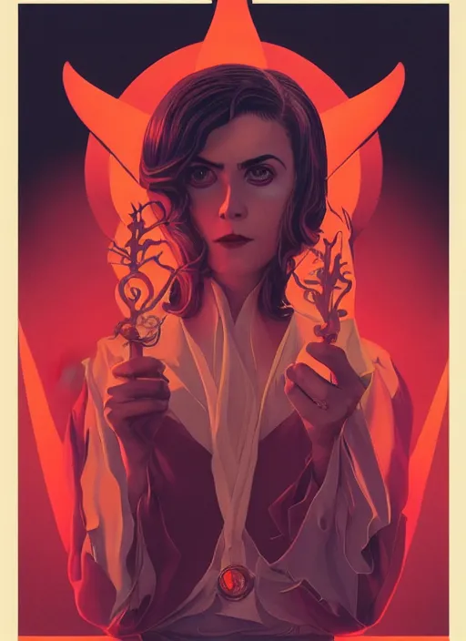 Image similar to poster artwork by Michael Whelan and Tomer Hanuka, Karol Bak of Kiernan Shipka dressed as satanist, from scene from Twin Peaks, clean