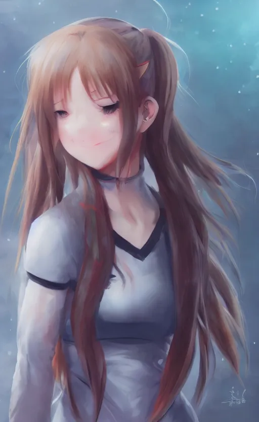 Image similar to anime girl with ponytail smiling at the camera with closed eyes, WLOP, concept art, digital painting, trending on artstation, highly detailed, epic composition, 8k UHD