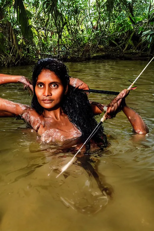 Image similar to a professional portrait photo of a sri lankan jungle woman, submerged in water, black hair, hunter, with bow and arrow, extremely high fidelity, natural lighting