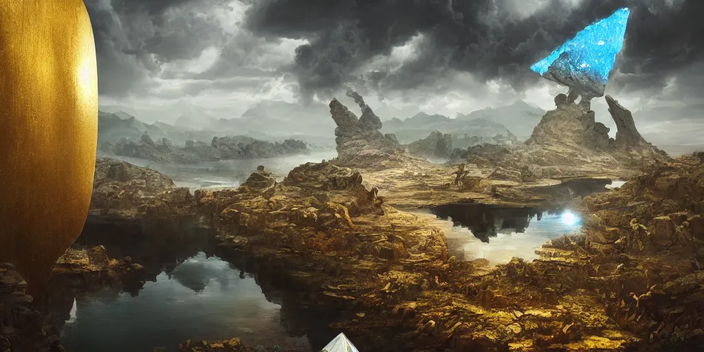 Image similar to artgem and Beeple masterpiece, hyperrealistic surrealism, scifi wide angle landscape, award winning masterpiece with incredible details, epic stunning, infinity pool, a surreal liminal space, highly detailed, trending on ArtStation, calming, meditative, surreal, sharp details, dreamscape, giant gold head statue ruins, crystal clear water