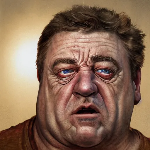 Prompt: hyperrealistic mixed media high resolution image of john goodman, sweating, stunning 3 d render inspired art by jamie salmon and istvan sandorfi and unreal engine and greg rutkowski, realistic flesh, dim volumetric lighting, 8 k octane beautifully detailed render, post - processing, extremely hyper - detailed, intricate, epic composition, highly detailed attributes, highly detailed atmosphere, cinematic lighting