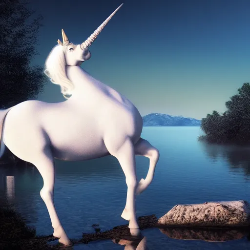 Image similar to a photograph of a white unicorn drinking from a lake. the moon shines on the unicorn. beautiful artstation, incredibly realistic, high quality, 8 k, hdr, incredibly detailed.