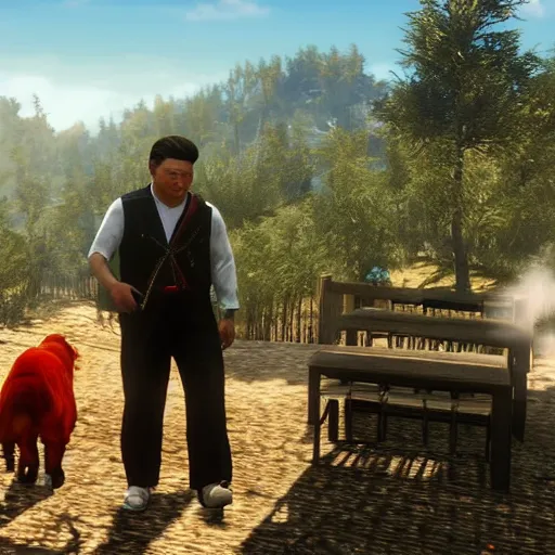 Image similar to screenshot of xi jinping in read red redemption 2, good graphic, highly detailed, rtx engine, nvidia geforce