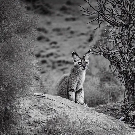 Prompt: cute fluffy caracal in ansel adams ghost town fujifilm 5 0 - 1 4 0 mm f 2. 8 long - exposure photographs that convey ominous and calm spooky