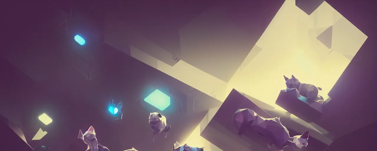 Image similar to duotone noir scifi concept illustration of lowpoly cats inside box floating zero gravity glowing 3 d mesh portals futuristic, glowing eyes, octane render, surreal atmosphere, volumetric lighting. accidental renaissance. by sachin teng and sergey kolesov and ruan jia and heng z. graffiti art, scifi, fantasy, hyper detailed. trending on artstation