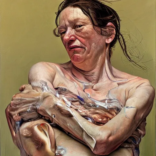 Image similar to high quality high detail painting by lucian freud and jenny saville, hd, human with 4 arms, turquoise