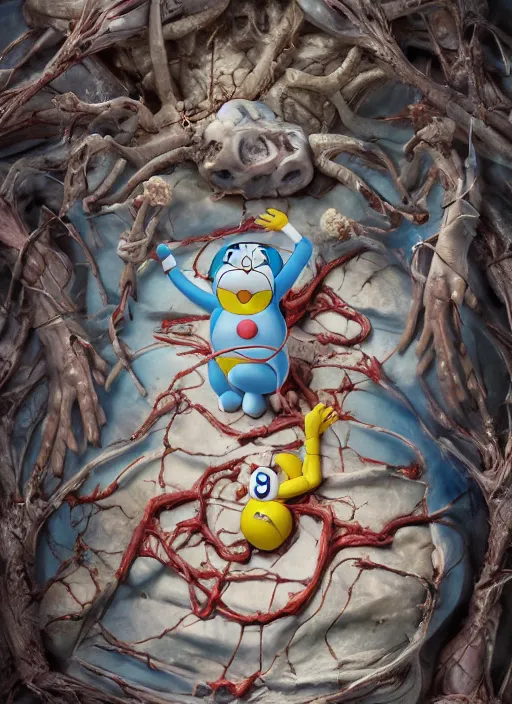 Image similar to Doraemon with translucent skin, visible muscles and veins and arteries and bones and spines and nerves, beautiful detailed intricate insanely detailed octane render, 8k artistic photography, photorealistic, chiaroscuro, by David Cronenberg, Raphael, Caravaggio